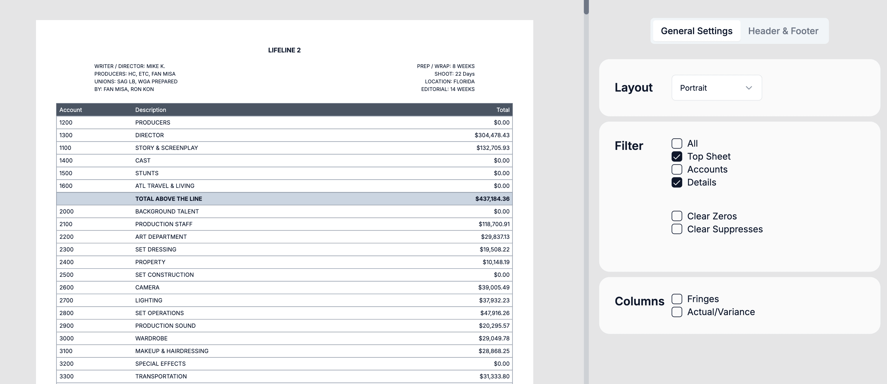 Budget PDF export preview