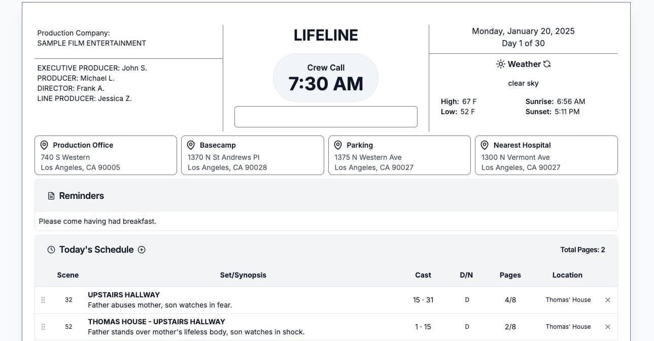 Call sheets interface