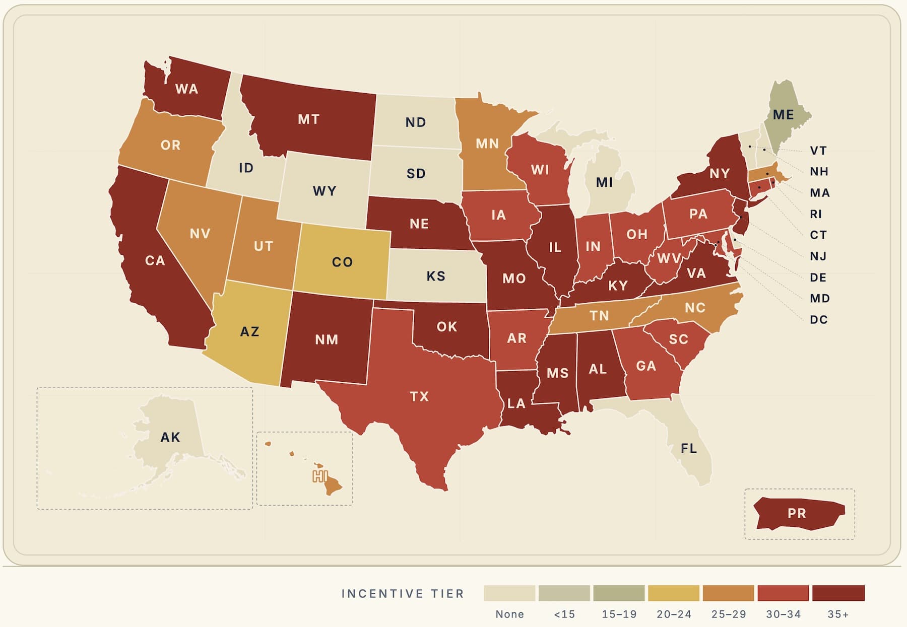 Film tax incentives map of the United States