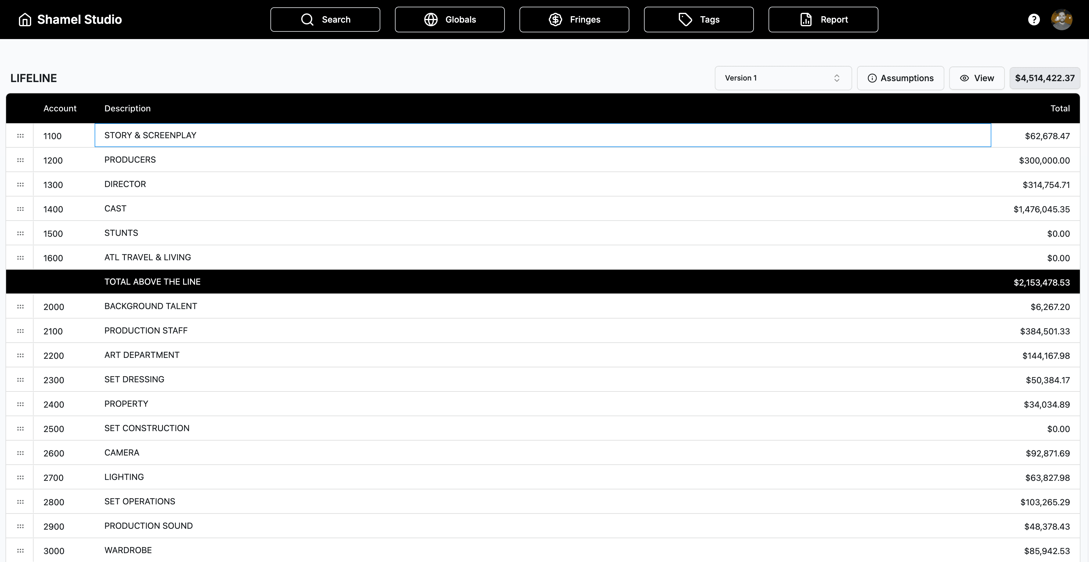 Film budget topsheet